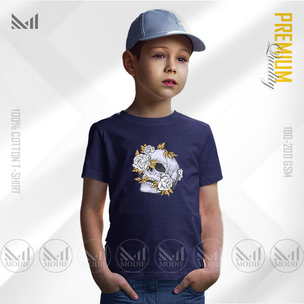 Aesthetic Skull Flower Kids Graphic T-Shirt Made With Premium Cotton Unisex Round Neck Short Sleeve