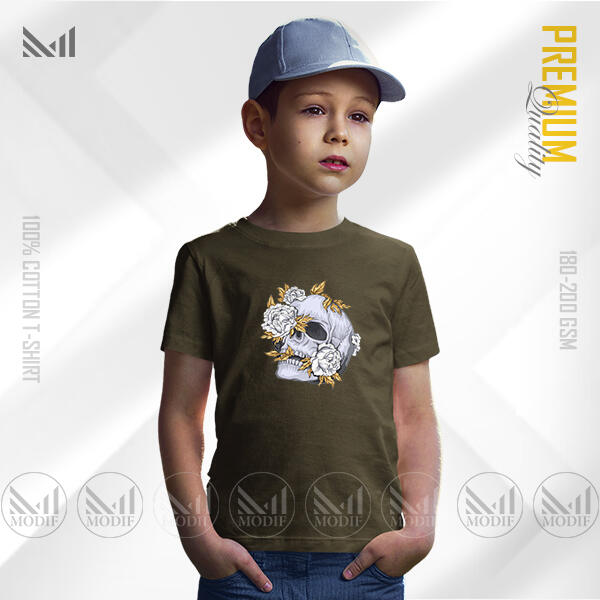 Aesthetic Skull Flower Kids Graphic T-Shirt Made With Premium Cotton Unisex Round Neck Short Sleeve