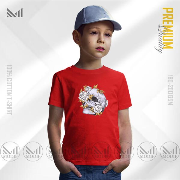 Aesthetic Skull Flower Kids Graphic T-Shirt Made With Premium Cotton Unisex Round Neck Short Sleeve